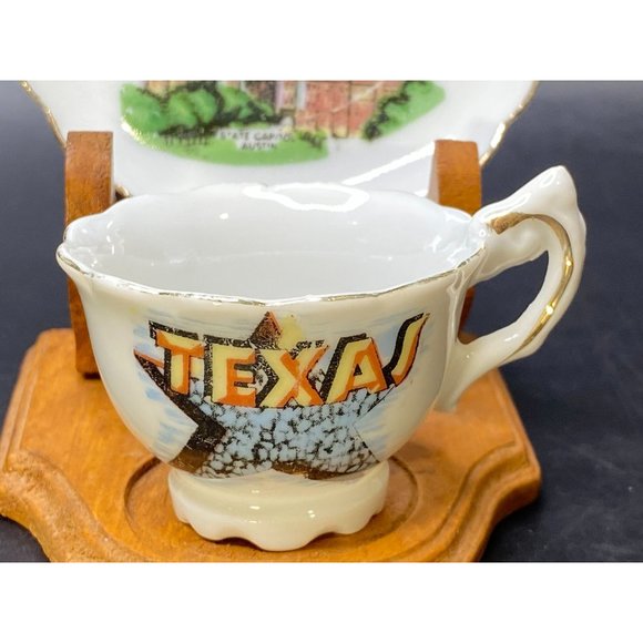 Vtg Miniature Demitasse Texas Star Souvenir Tea Cup & Saucer w/Stand Japan - Picture 2 of 12